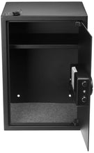 Black security safe with door open, showing interior shelves and side locking hardware