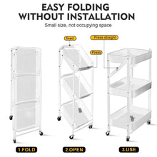 Folding white 3-tier rolling utility cart with mesh panels, open and ready on casters