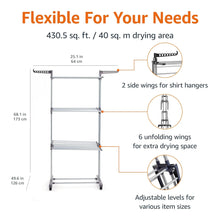 Clothes dryer tower with foldable side wings and multiple wire drying tiers.