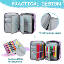 Purple pencil case open to show fold-out compartments with zippered interior lining