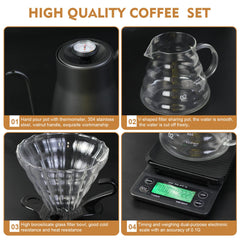 Pour Over Coffee Maker set, V60 Kit with Portable Carry Case, Kettle with Thermometer, Drip Filter Share Pot,Filters, Coffee Scale, Double wall Mug, Manual Grinders
