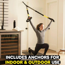 Suspension trainer set with adjustable straps and hanging handles for indoor use