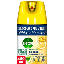 Citrus disinfectant spray bottle with yellow cap and front label