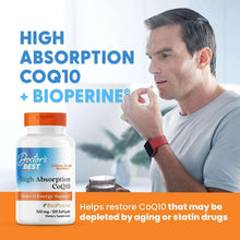 High Absorption CoQ10 + BioPerine promotional card with person taking a sip