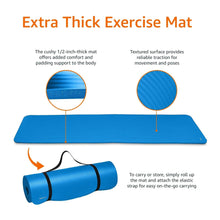 Blue exercise mat laid flat; rolled bundle secured with strap
