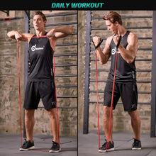 Red resistance bands used for daily workout, arms positioned overhead