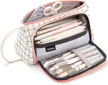 Canvas pencil storage bag with grid pattern, zip top, pink trim, and accessory pockets