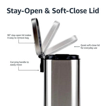 Brushed stainless steel trash can with open stay-open lid and side carrying handle