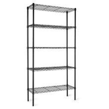 Black wire 5-shelf storage rack with four corner posts and cross-braced shelves