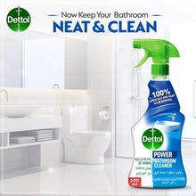 Dettol power bathroom cleaner spray bottle with green nozzle, blue label.