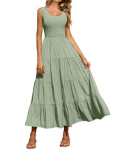 Sage green sleeveless smocked tank dress with tiered ruffle skirt, midi length