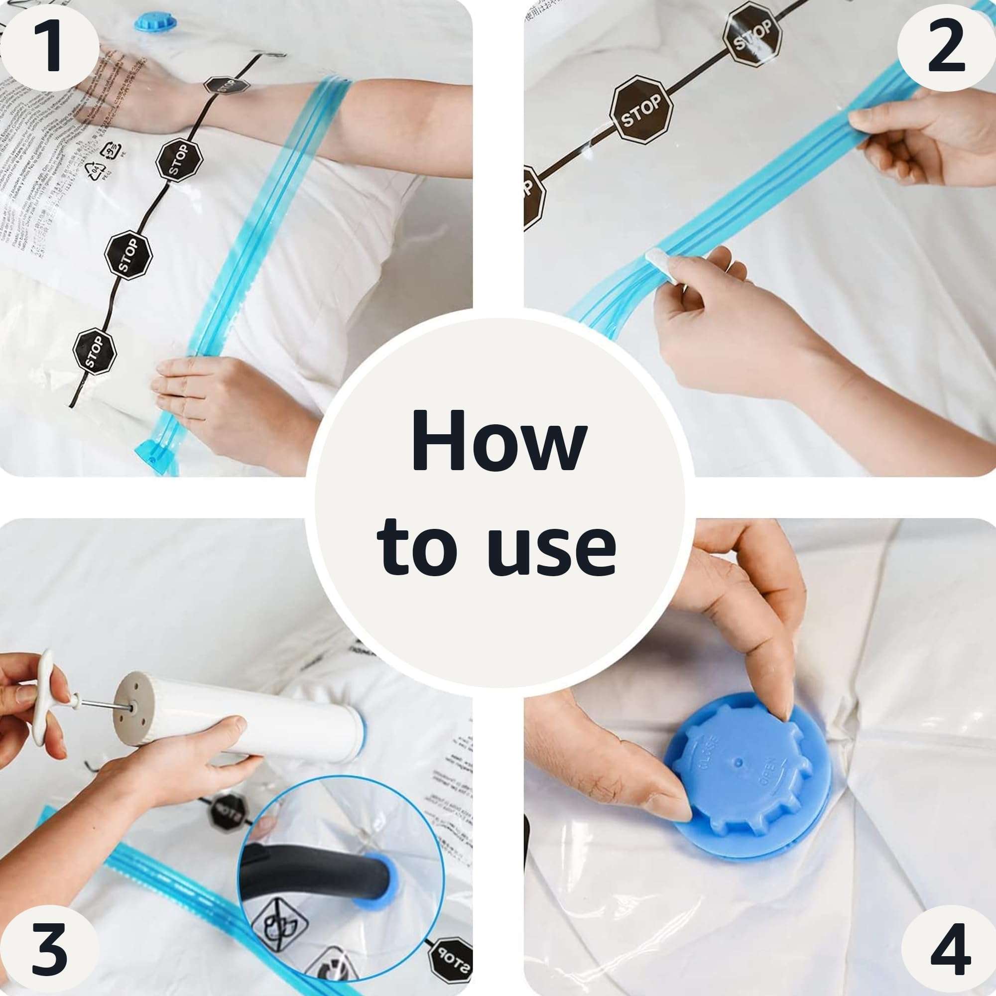 Vacuum Compression Zipper Storage Bags with Airtight Valve and Hand Pump, Jumbo, 6-Pack, Clear