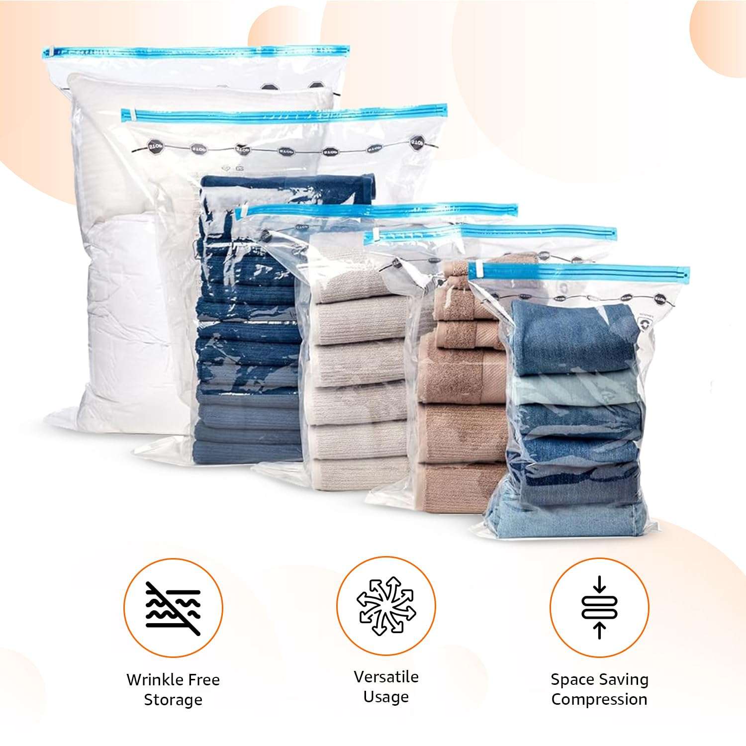 Vacuum Compression Zipper Storage Bags with Airtight Valve and Hand Pump, 3x (Jumbo, Large, Medium, Small), 12-Pack, Multiple, Clear