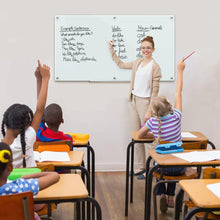 White glass dry-erase magnetic board with visible handwritten marker notes