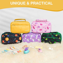 Yellow pencil case with zippered top handle, shown with other colors in a row
