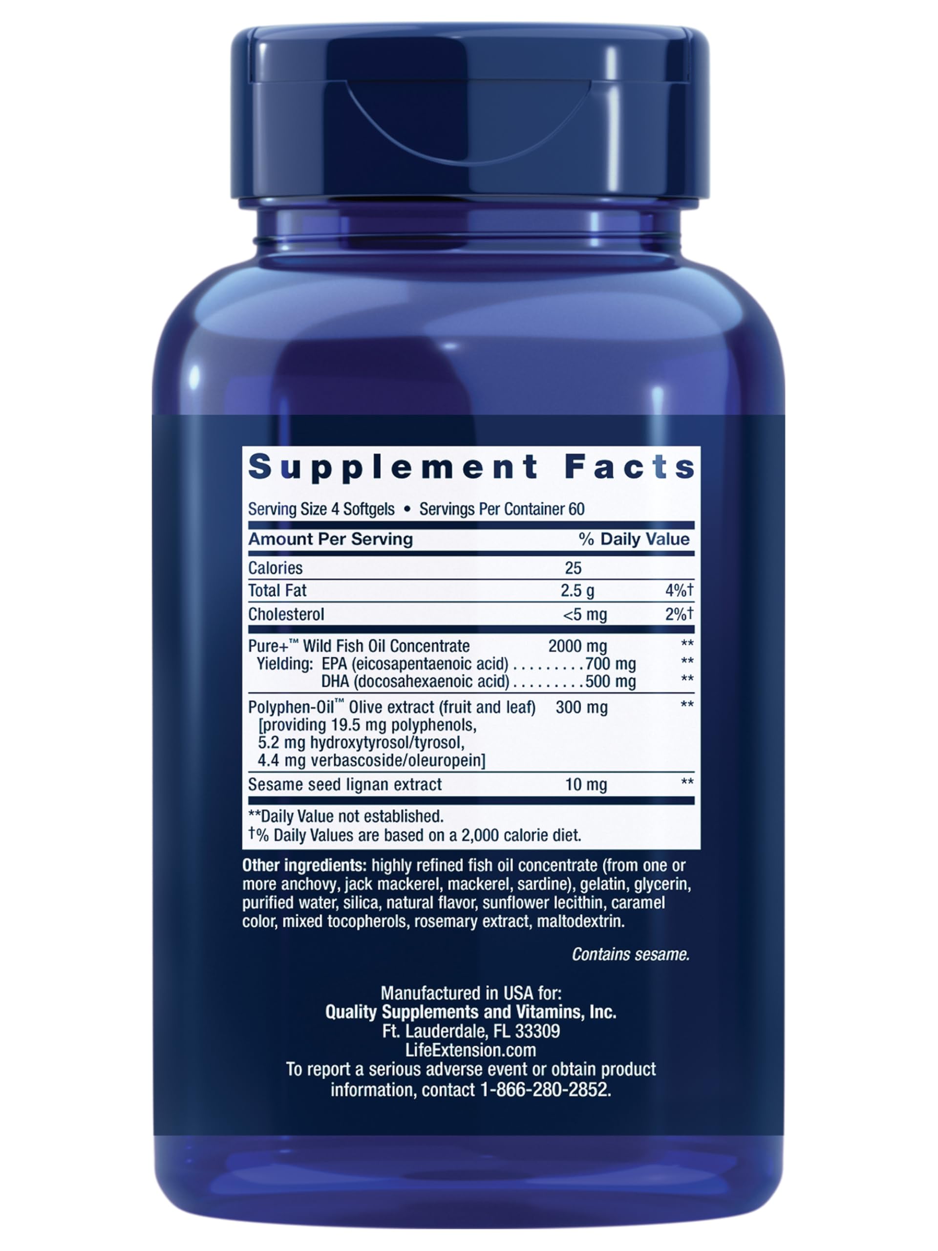 Life Extension Omega-3 fish oil supplement blue bottle back label showing Supplement Facts and dosage