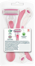 Disposable women’s razor set showing pink handle, cartridge, and protective blade cover