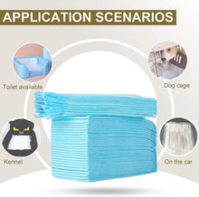 Disposable pet pee pads stack, blue layers with white absorbent top sheet.