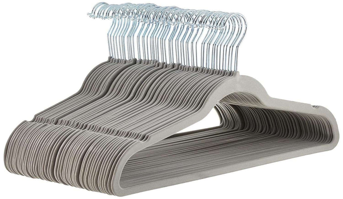Slim, Velvet, Non-Slip Suit Clothes Hangers, Gray/Silver - Pack of 50