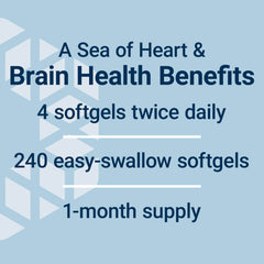 Life Extension Omega-3 fish oil supplement showing heart and brain benefits and dosing 4 softgels twice daily, 240 softgels