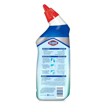Toilet bowl cleaner bottle with red nozzle and blue-and-white back label