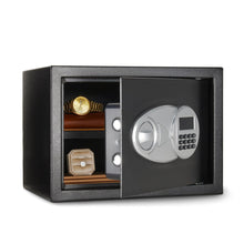 Black security safe with digital keypad, open door showing interior storage compartment