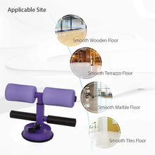 Purple sit-up assistant with foam handles and suction base for floor use