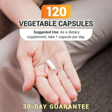Hand holding a white vegetable capsule, 120 count