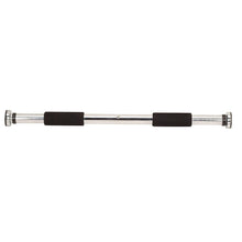 Workout bar with two black foam grip pads and chrome end caps