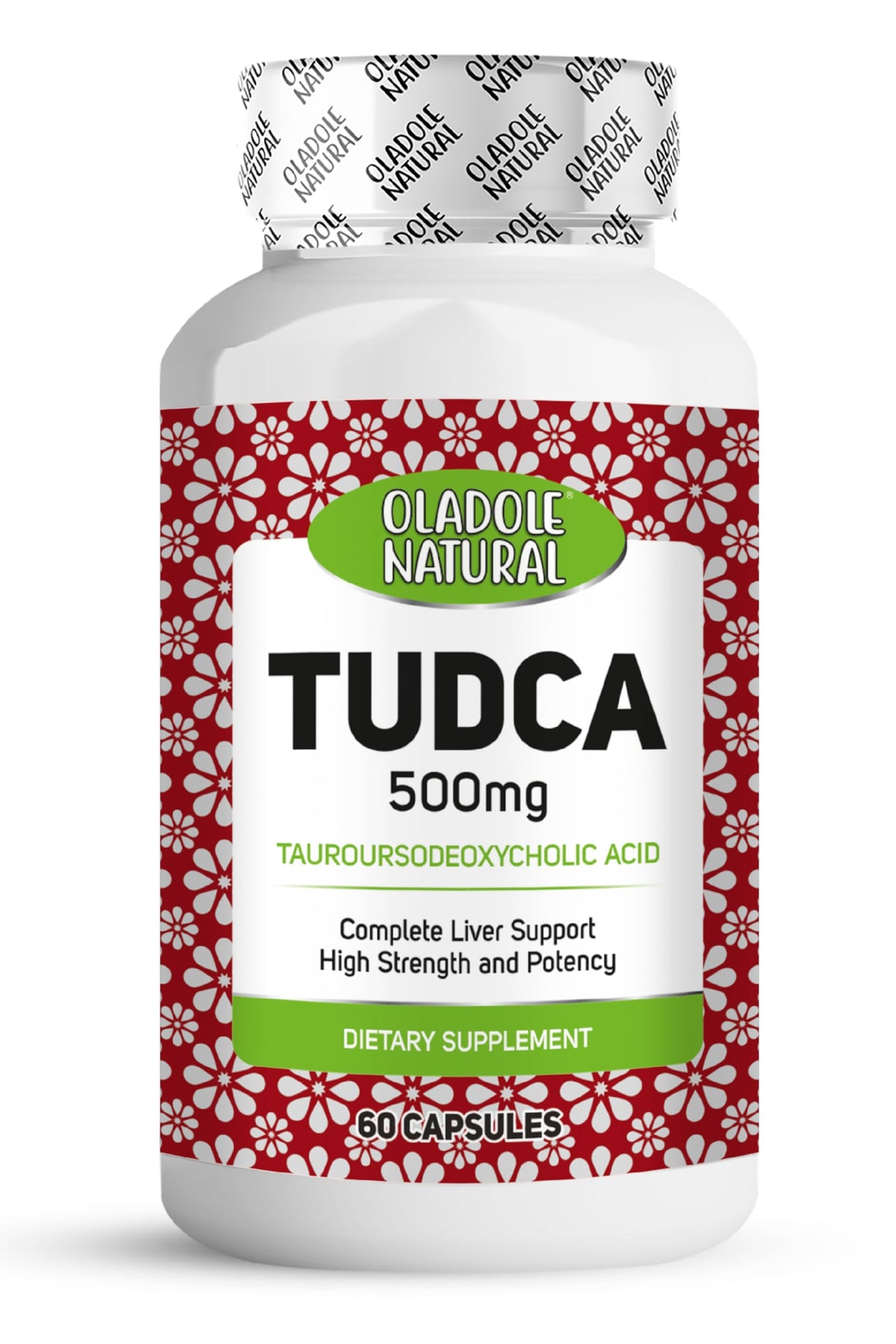 Oladole Natural TUDCA capsules 500mg. White bottle with red floral label 60 capsules dietary liver support supplement