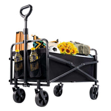 Black folding garden cart with fabric sides, front basket pockets, and four wheels