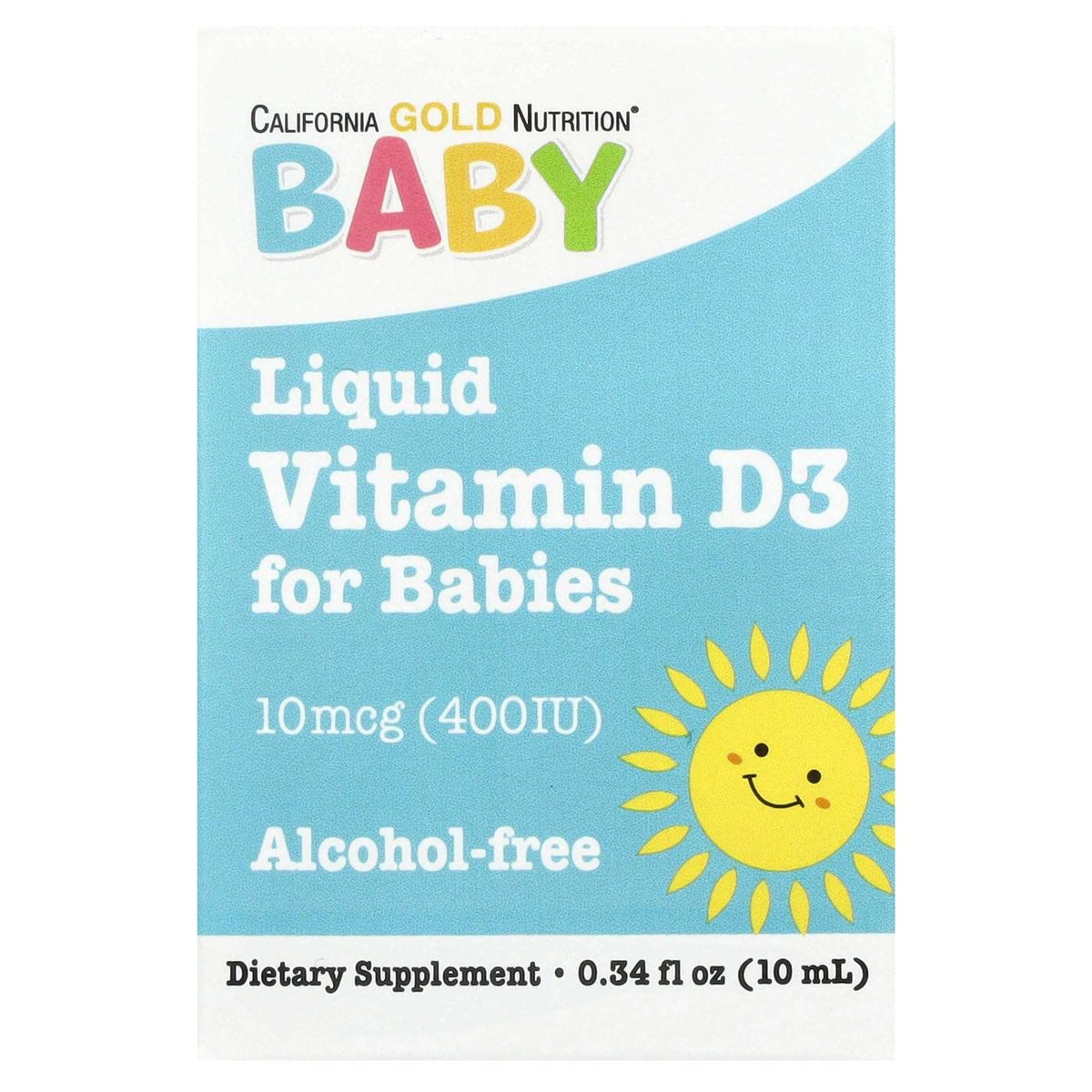 California Gold Nutrition Baby Vitamin D3 Liquid D3 Supplement for Babies, Vegetarian Friendly - Developmental Support - Alcohol & Gluten Free, Non-GMO - 10 mcg (400 IU) - 0.34 fl oz (10 ml)