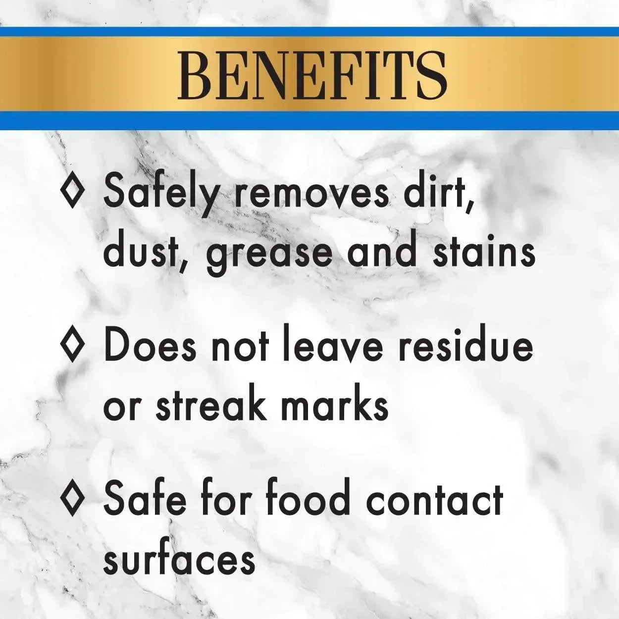 Benefits infographic for stone cleaner: removes dirt, dust, grease and stains