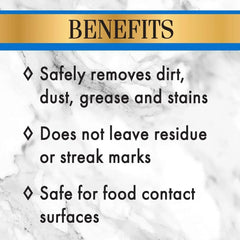 Benefits infographic for stone cleaner: removes dirt, dust, grease and stains