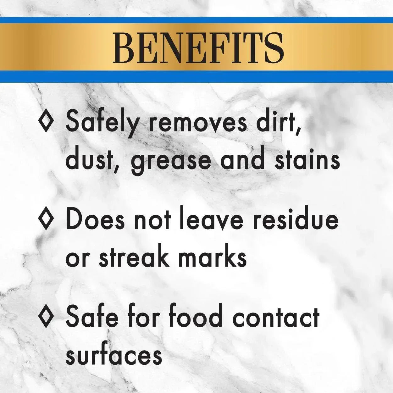 Benefits infographic for stone cleaner: no residue or streak marks, safe on food