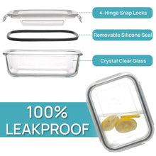 Clear glass food container with snap-lock lid, removable silicone seal, leakproof design