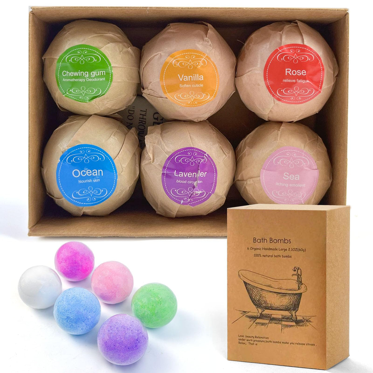 Bath Bombs Gift 6 Pack, Large Organic & Natural Essential Oil Handmade Set Moisturize Dry Skin