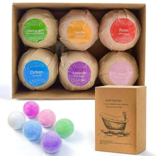 Bath bomb gift set with six pastel round bombs, including green, blue, pink, lavender, white
