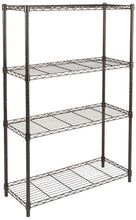 Black 4-shelf metal wire storage unit with open grid shelving and vertical frame