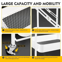 Foldable mesh shelf panels with locking latch and press-close hardware on rolling cart