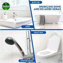 Dettol bathroom cleaning infographic panels with sink, shower head, and toilet seat.