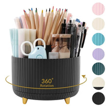 360-degree rotating desk pencil organizer with ribbed black holder and stationery inside
