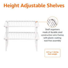White metal storage shelf with adjustable-height slatted tiers and sturdy frame