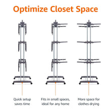 Indoor clothes dryer tower shown with wheeled frame in compact and expanded drying positions.