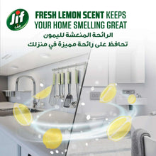 Jif cream cleaner bottle with lemon scent, shown near sink and lemon graphics