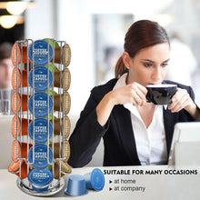 Rotating coffee capsule holder with silver base and stacked blue and orange pods