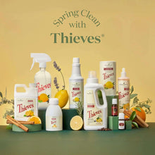 Assorted Young Living Thieves cleaning products bottles and sprays with citrus accents