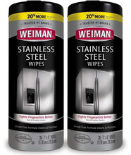 Weiman stainless steel cleaning wipes, two black canisters with yellow stripe