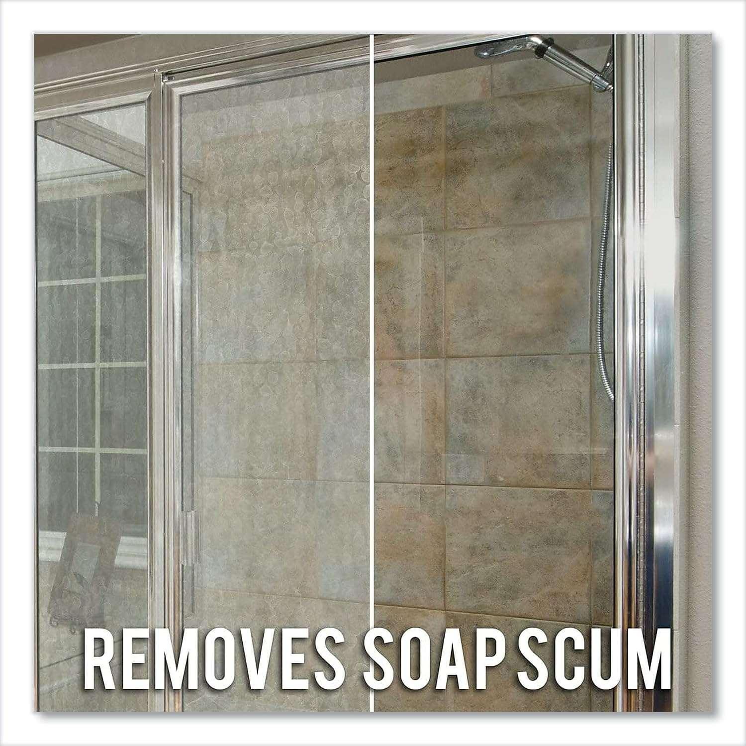 Lime-A-Way cleaning promo showing shower glass, removes soap scum text