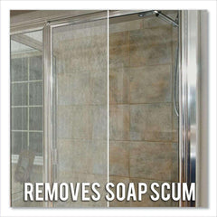 Lime-A-Way cleaning promo showing shower glass, removes soap scum text